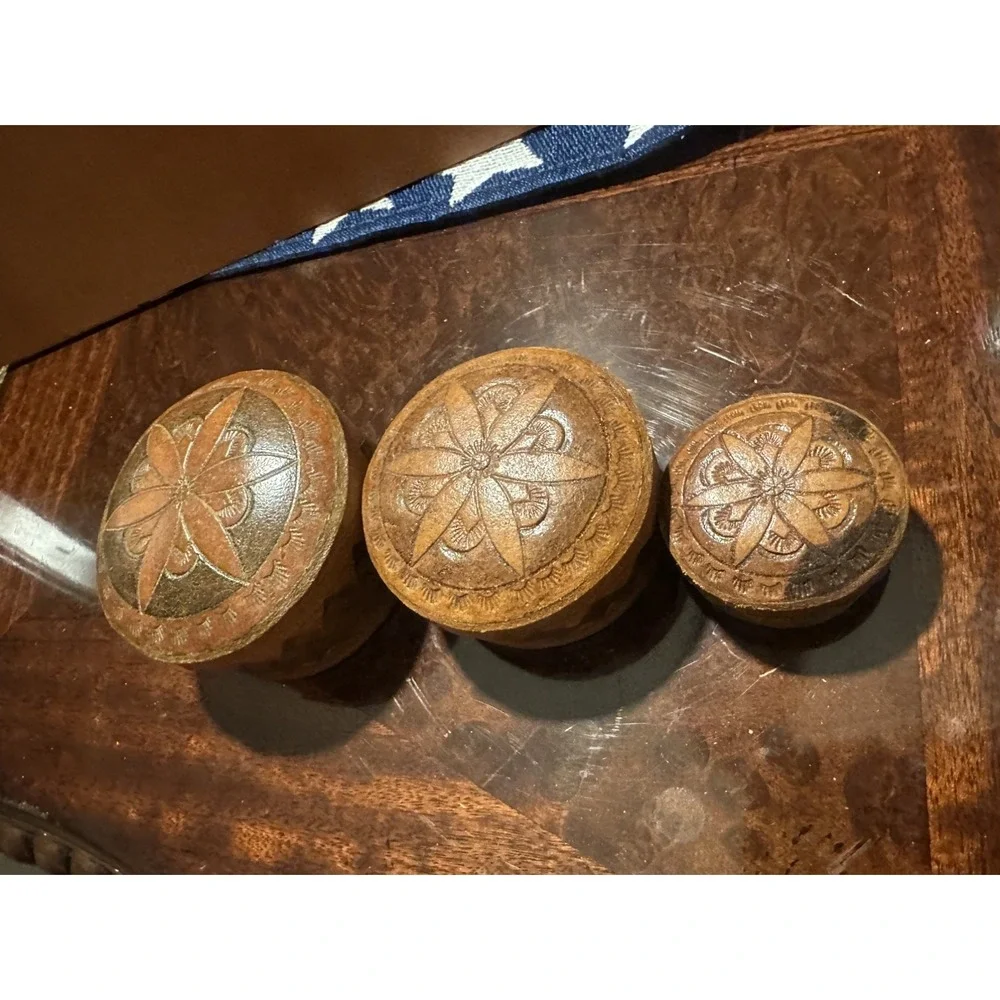 Vintage leather boxes Jewelry Nesting Round symbols Flower storage tooled